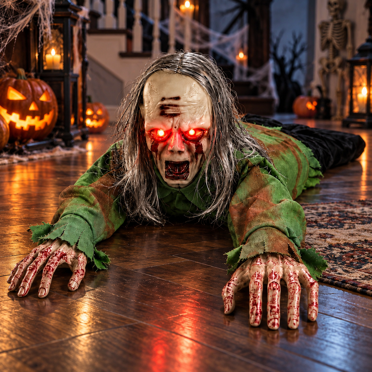 Long Haired Crawling Zombie Prop Light Up Eyes Sound Activated Halloween Decoration