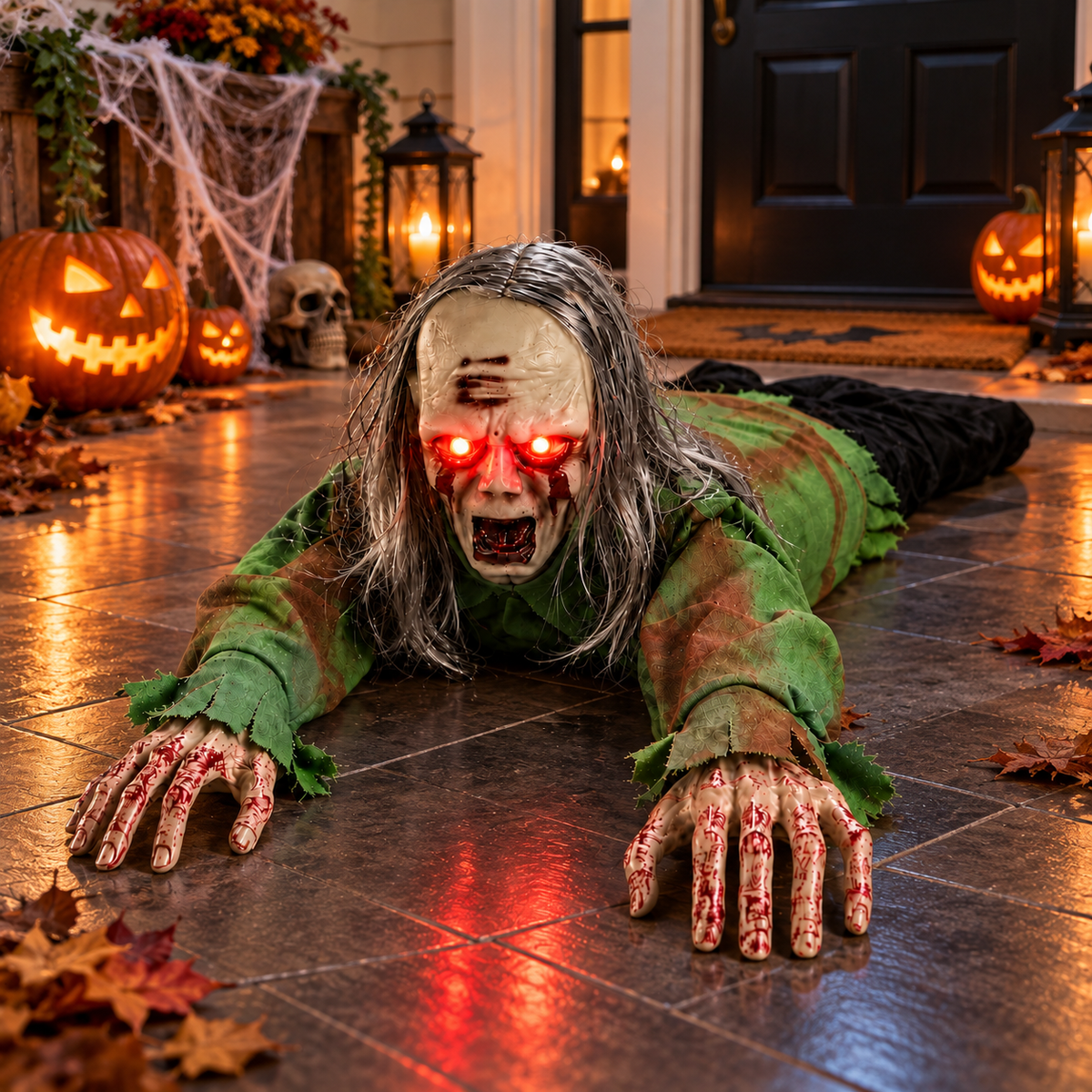 Long Haired Crawling Zombie Prop Light Up Eyes Sound Activated Halloween Decoration