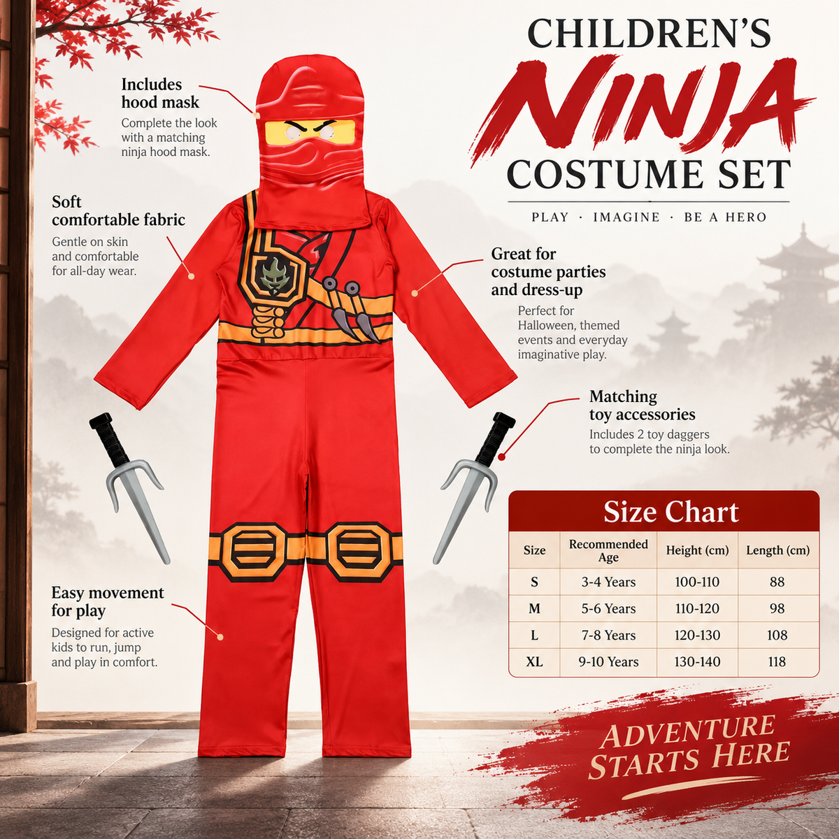 Boys Ninja Warrior Costume with Sai Weapons Halloween Dress Up Set
