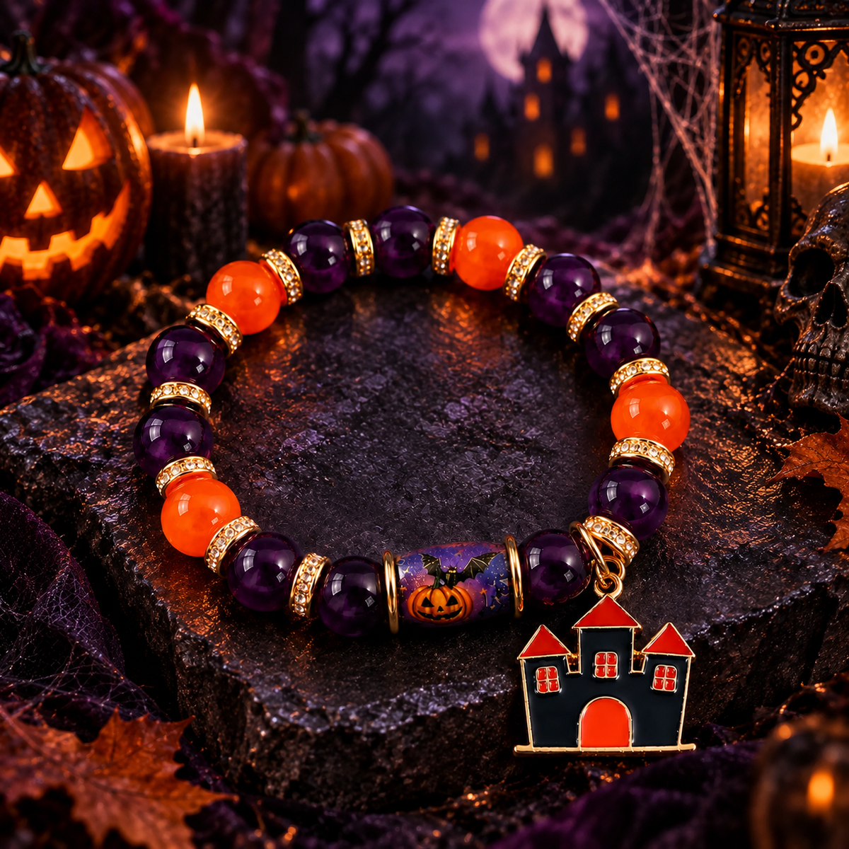 Halloween Crystal Bead Pendant Bracelet Bat Pumpkin Ghost Castle Charm Jewelry