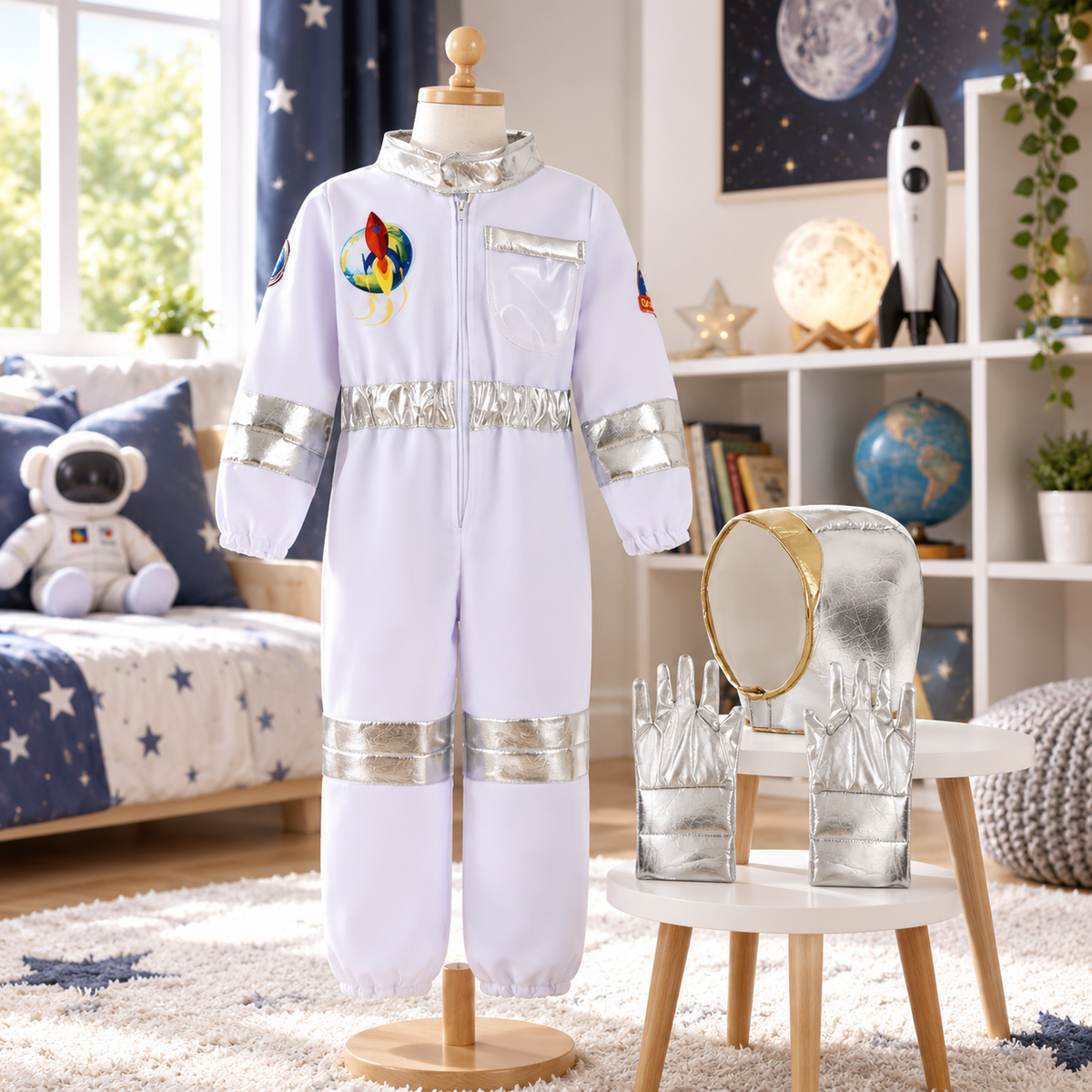 Kids Astronaut Costume White Space Suit with Gloves and Helmet