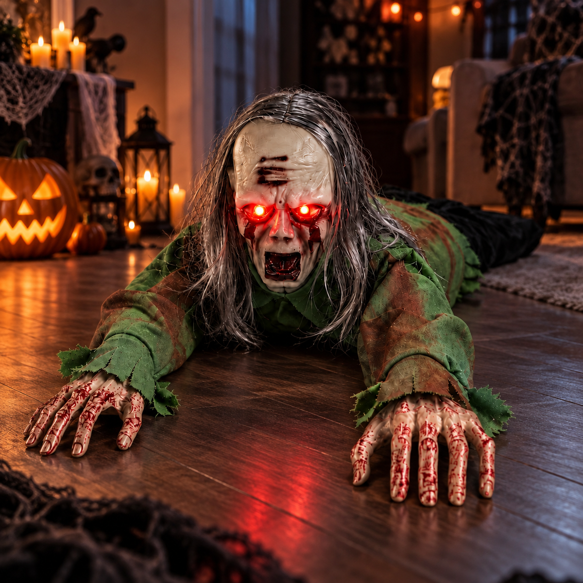 Long Haired Crawling Zombie Prop Light Up Eyes Sound Activated Halloween Decoration