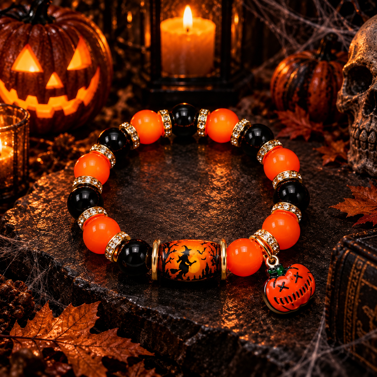Halloween Crystal Bead Pendant Bracelet Bat Pumpkin Ghost Castle Charm Jewelry
