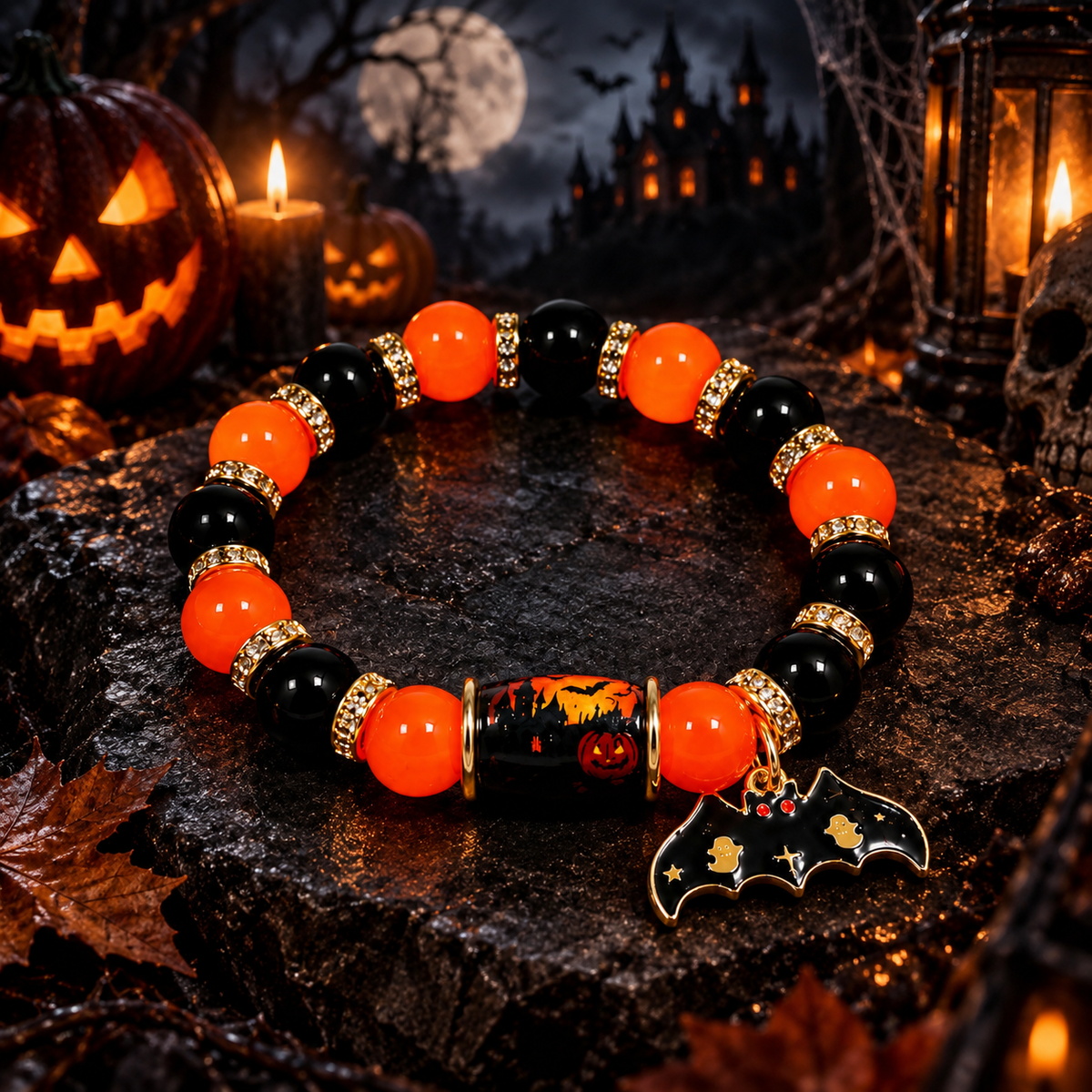 Halloween Crystal Bead Pendant Bracelet Bat Pumpkin Ghost Castle Charm Jewelry