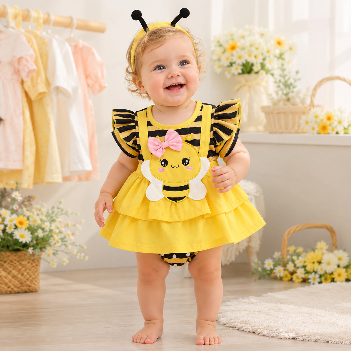Baby Bee Costume Romper with Antenna Headband Photo Prop Outfit