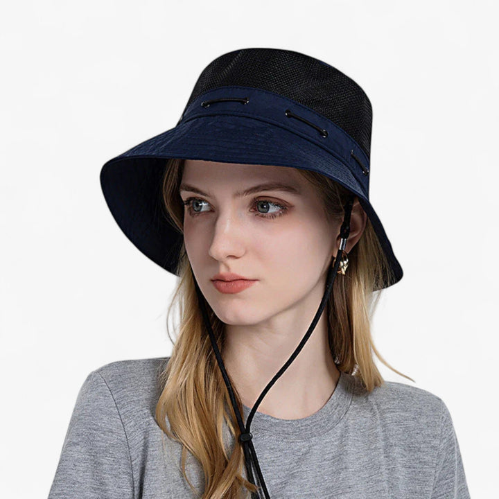 Womens Wide Brim Sun Hat with Mesh and Adjustable Chin Strap