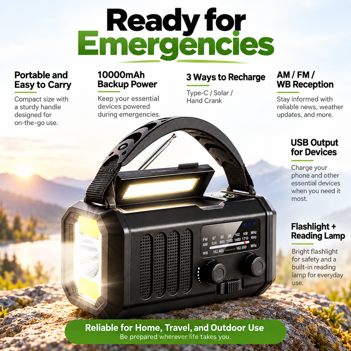 Wind Up Radio 10000mAh 135 Lumen Flashlight Reading Lamp NOAA Solar