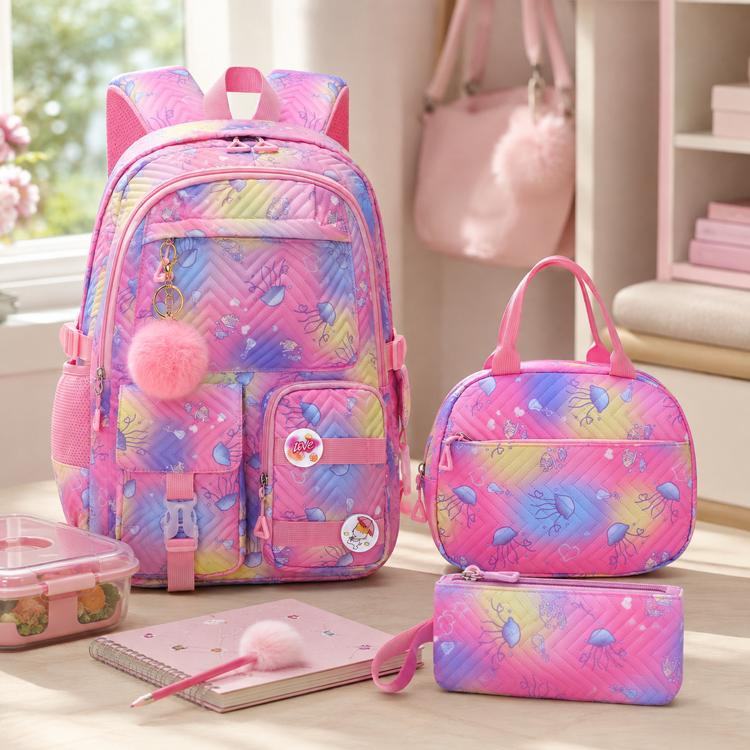 Girls School Backpack 3-Piece Set with Lunch Bag &amp; Pencil Case, Lightweight