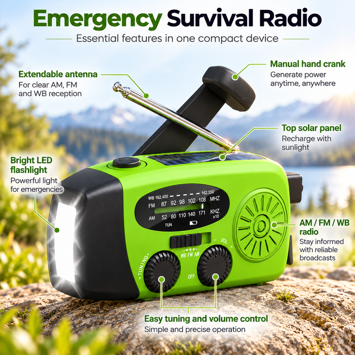 Wind Up Radio Lightweight Lime Green NOAA Solar 2000mAh Flashlight