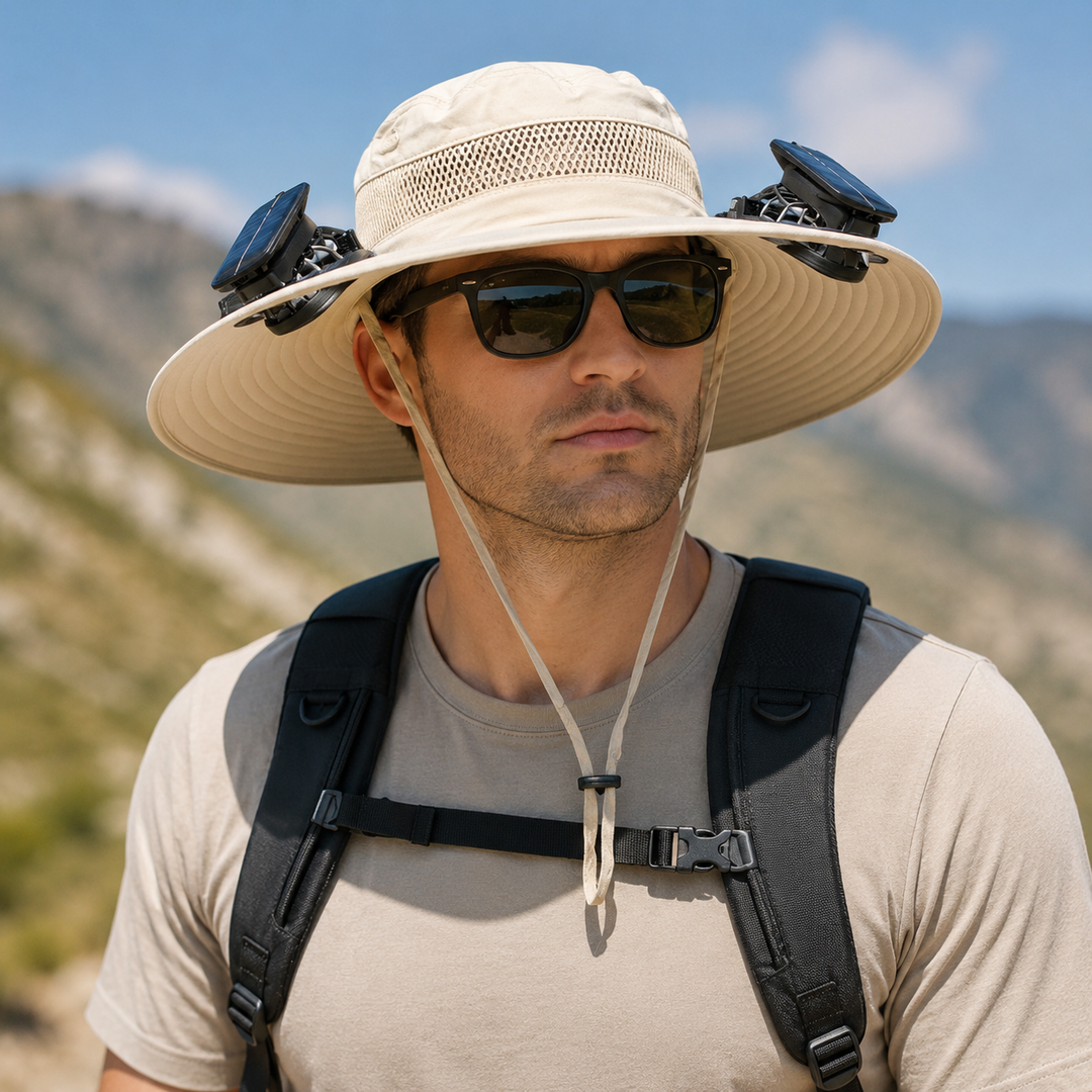 Solar Fan Sun Hat UPF50 Wide Brim USB Beach Fishing Camping