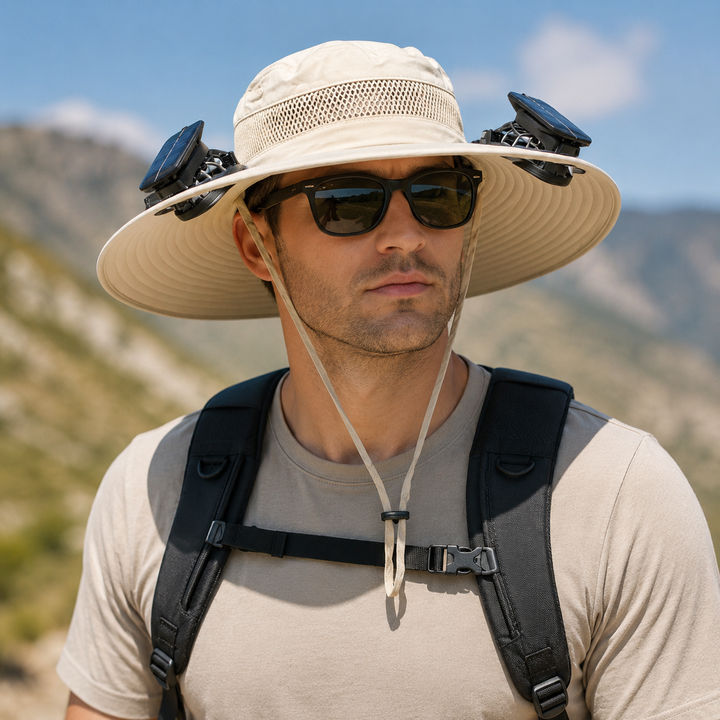 Solar Fan Sun Hat UPF50 Wide Brim USB Beach Fishing Camping