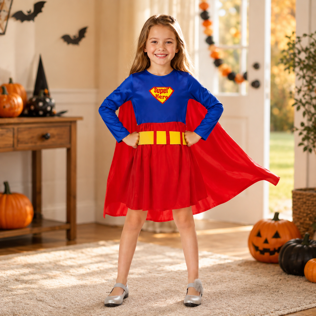 Superhero Costume Dress with Cape for Girls Halloween Costume