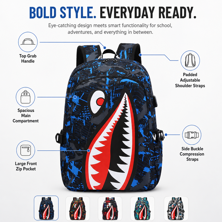 Kids School Backpack USB Interface Shark Print Large Capacity Lightweight