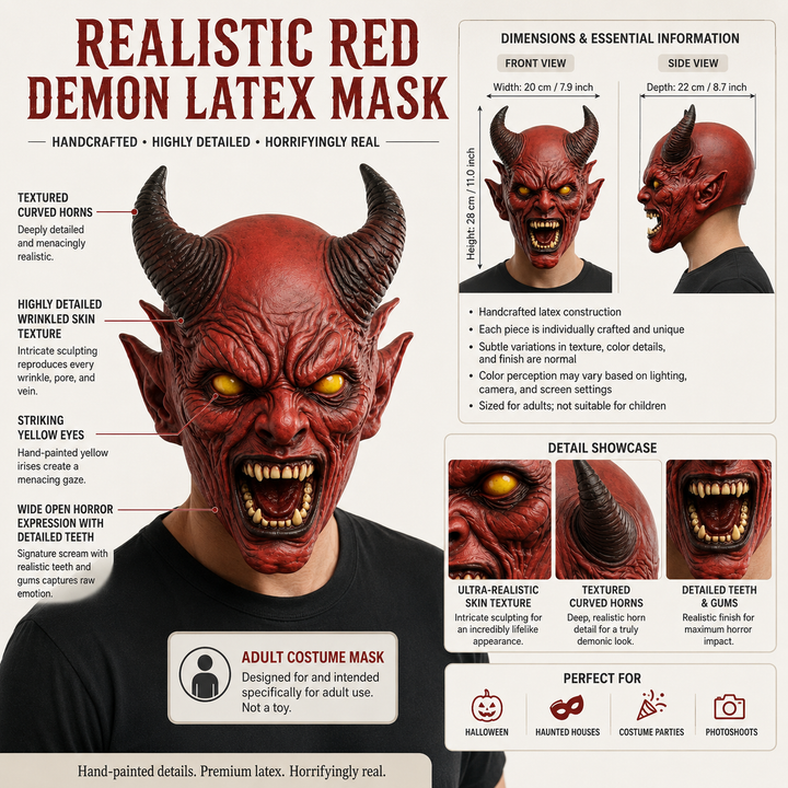 Red Horned Demon Full Head Latex Mask for Halloween