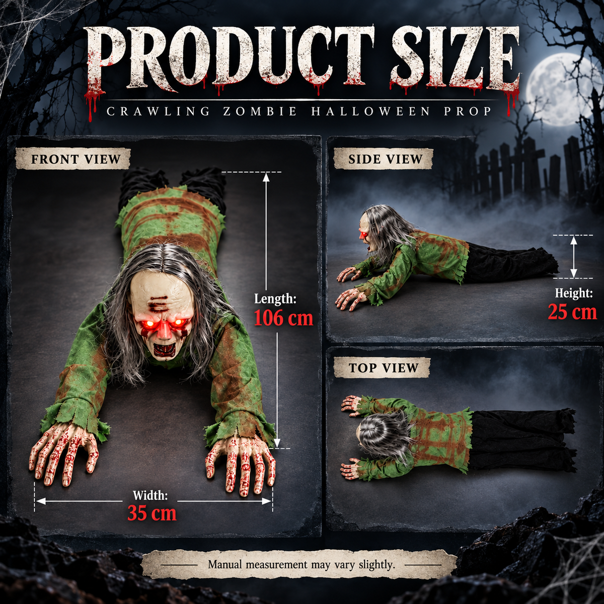Long Haired Crawling Zombie Prop Light Up Eyes Sound Activated Halloween Decoration
