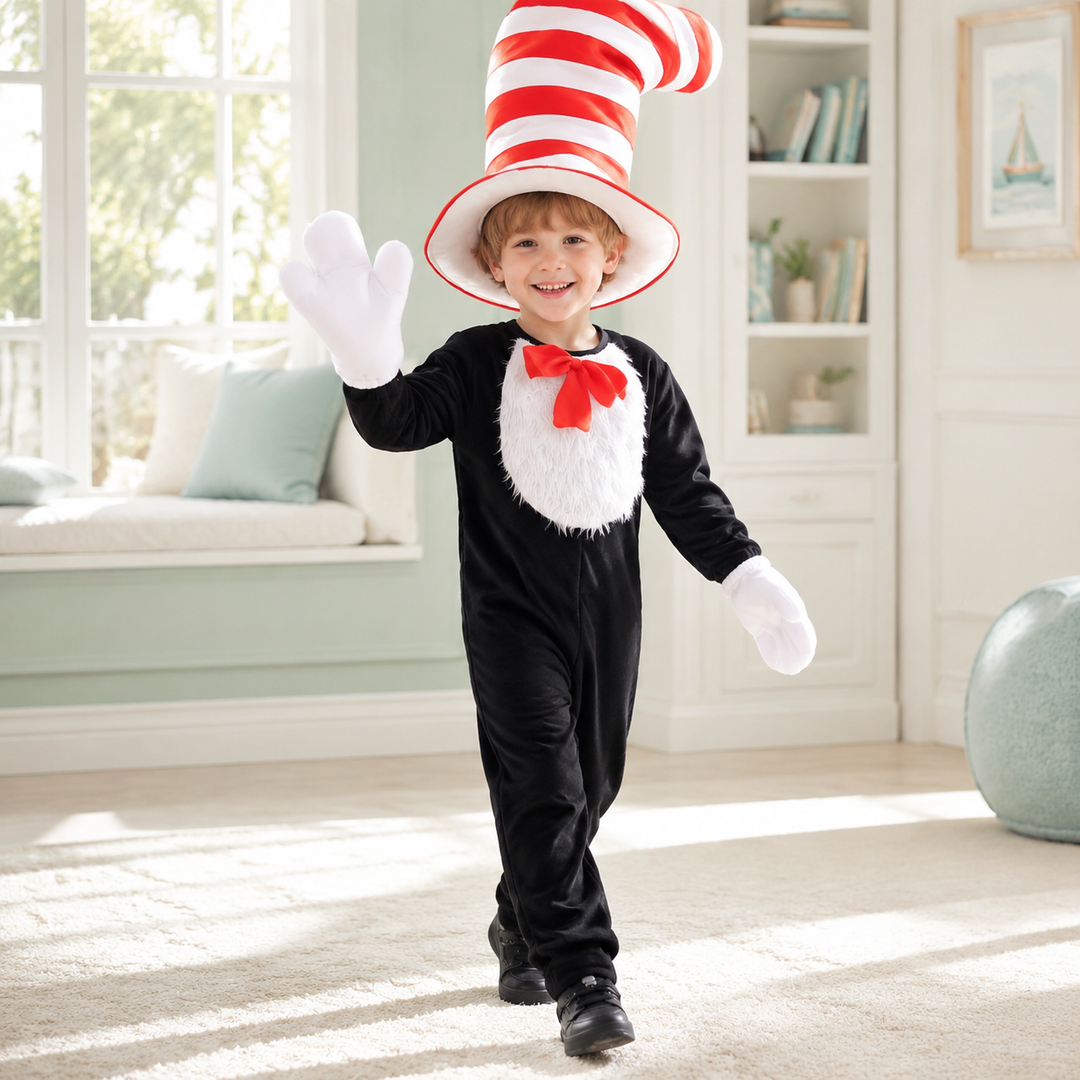 Cat in the Hat Kids Costume with Jumpsuit Dress and Hat