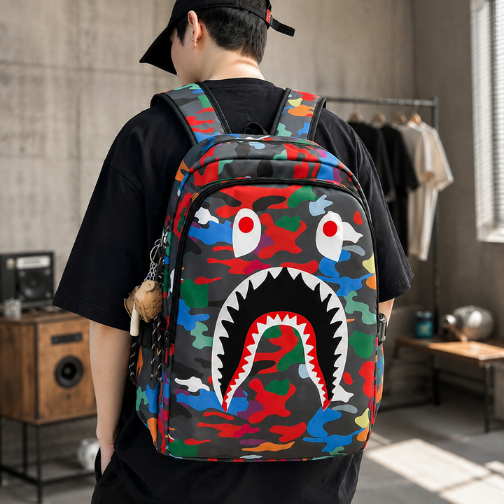 Shark Camouflage School Backpack, Large Capacity Travel Bag
