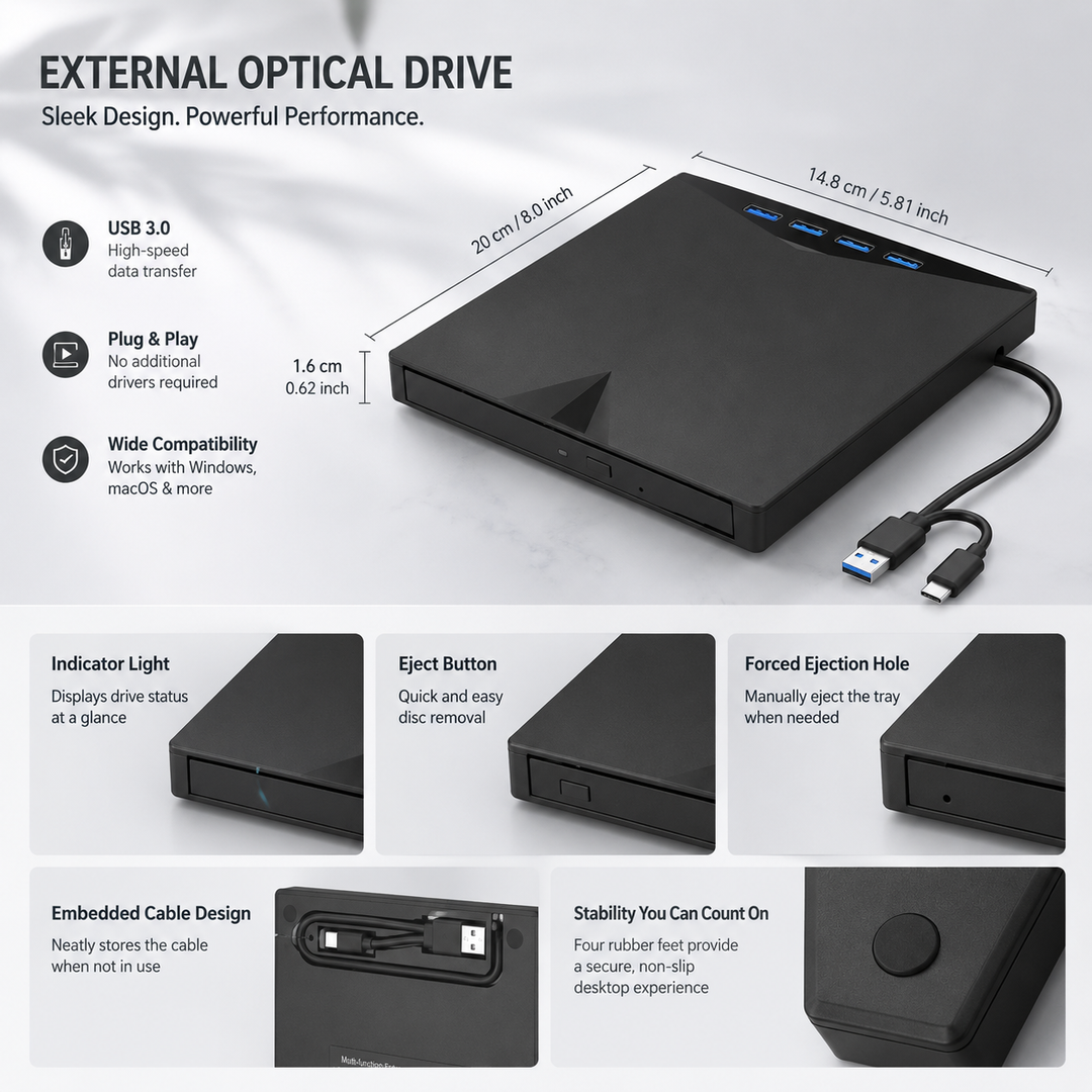 External CD DVD Drive 7 In 1 USB 3.0 Slim Reader Writer Burner with Card Reader