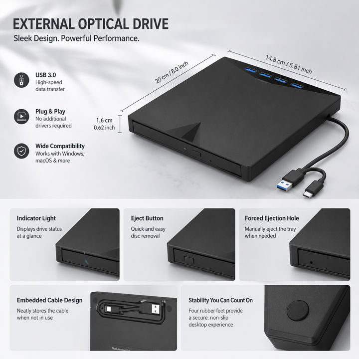 External CD DVD Drive 7 In 1 USB 3.0 Slim Reader Writer Burner with Card Reader