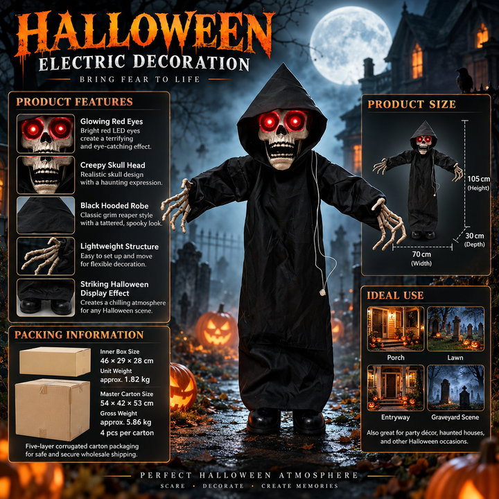 Animated Grim Reaper Halloween Decoration Red LED Eyes Standing Prop