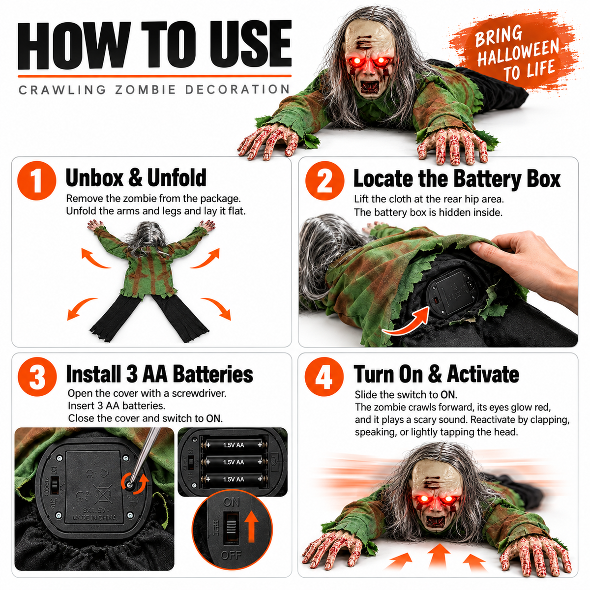 Long Haired Crawling Zombie Prop Light Up Eyes Sound Activated Halloween Decoration