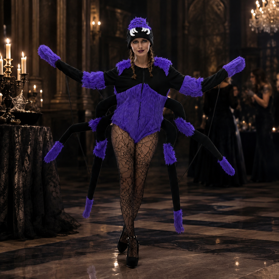 Purple Spider Halloween Costume with 8 Legs and Hat for Women