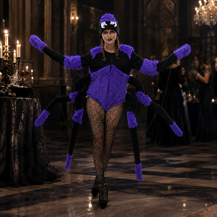 Purple Spider Halloween Costume with 8 Legs and Hat for Women