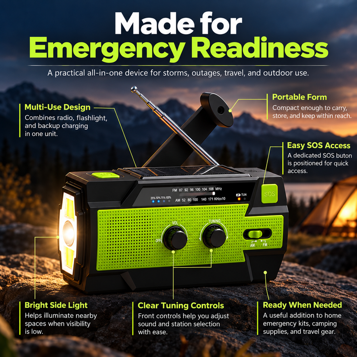 Wind Up Emergency Radio 4000mAh Solar AM FM SOS Side Flashlight