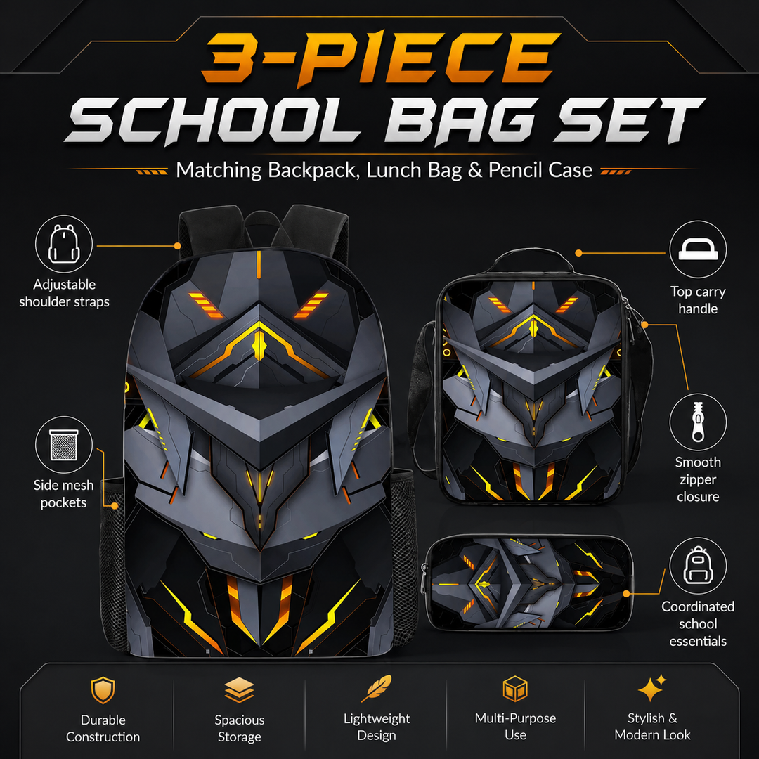 Mechanical Style 3D Print School Backpack 3Pcs Set Student Laptop Crossbody