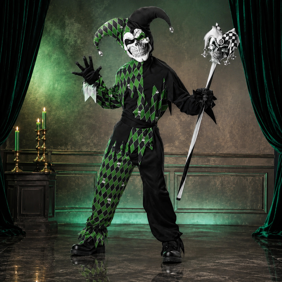 Court Jester Costume Harlequin Halloween Outfit with Skull Staff