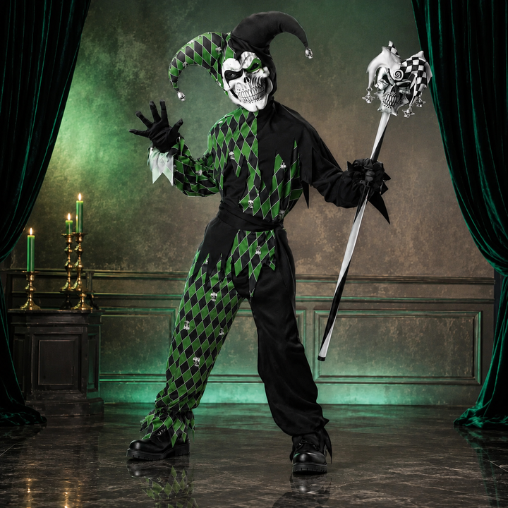Court Jester Costume Harlequin Halloween Outfit with Skull Staff