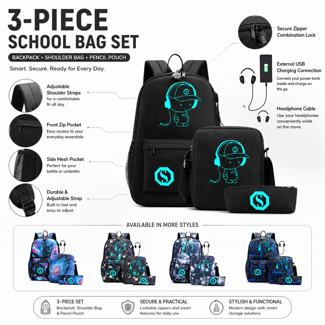Glow in the Dark Music Boy 3-Piece School Backpack Set with Crossbody Bag and Pencil Case