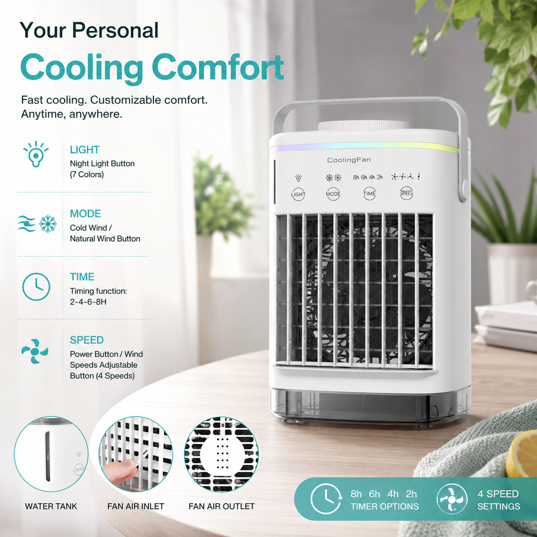 Mini Portable Air Conditioner Fan 4-in-1 USB Air Cooler Humidifier 8H Timer