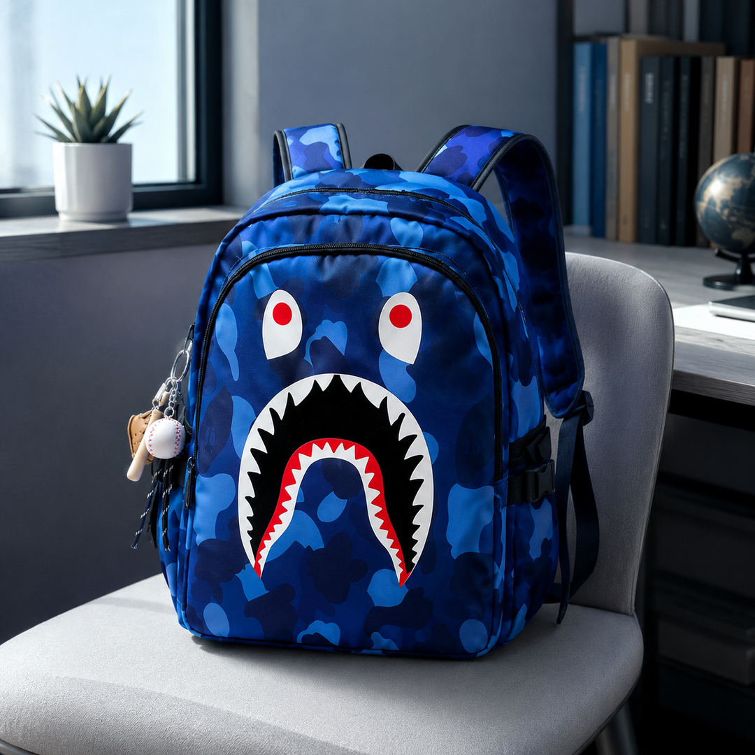 Shark Camouflage School Backpack, Large Capacity Travel Bag