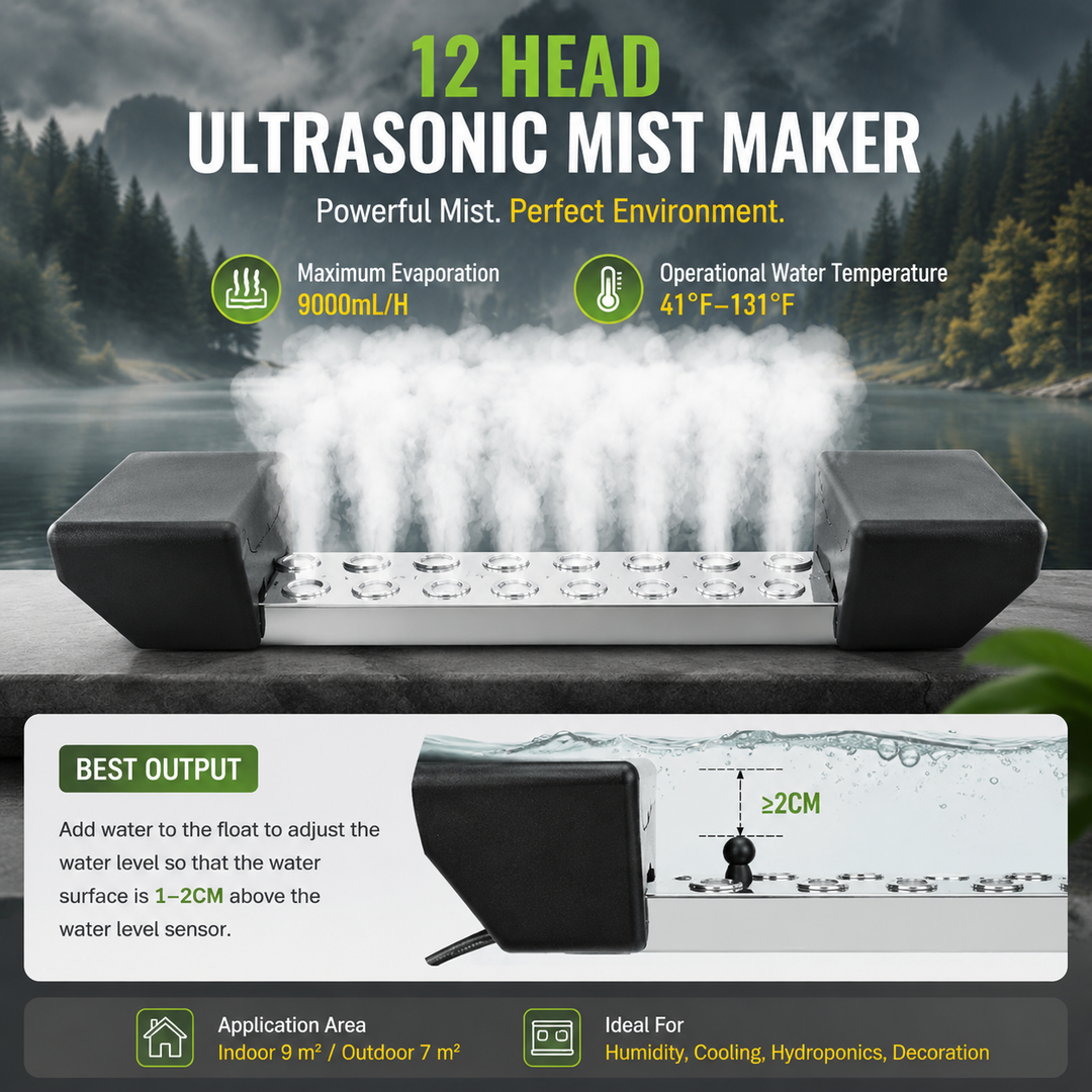 12 Head Ultrasonic Fogger Mist Maker 9000mL Pond Fountain Waterproof Humidifier