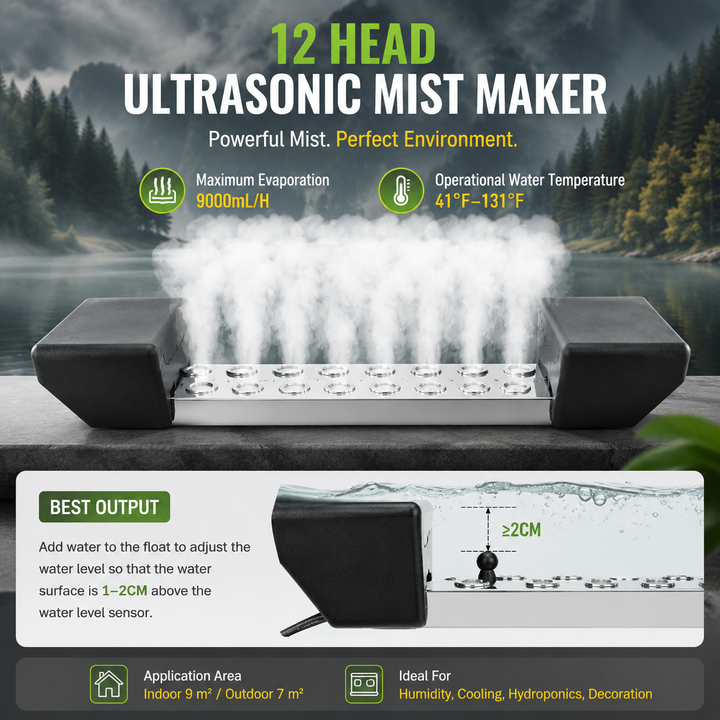 12 Head Ultrasonic Fogger Mist Maker 9000mL Pond Fountain Waterproof Humidifier