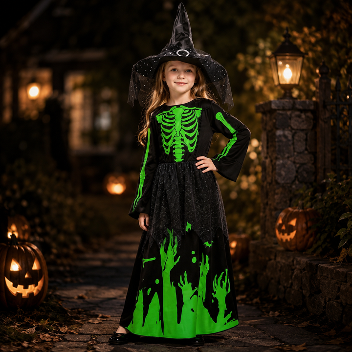 Glow in the Dark Witch Skeleton Dress Halloween Costume for kids