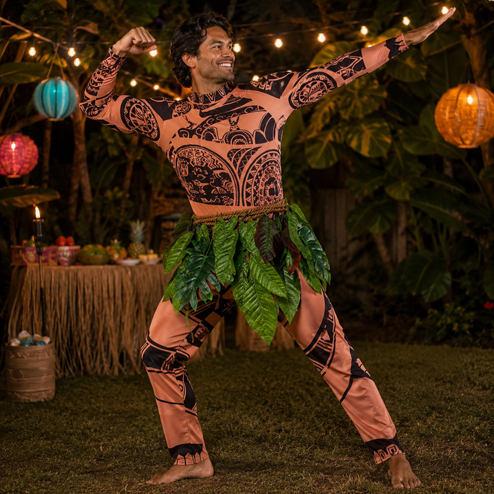 Moana Maui Costume with Tattoo Print and Leaf Skirt Halloween