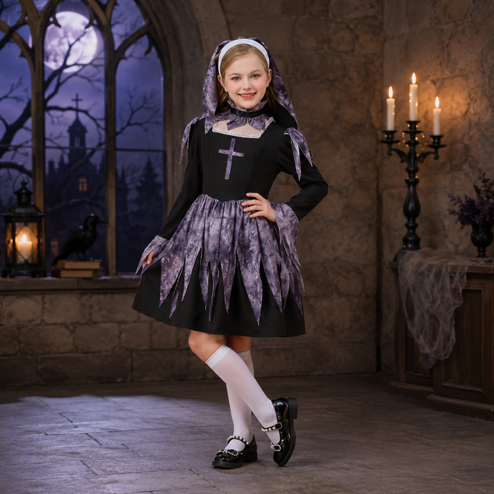 Kids Nun Halloween Costume Carnival Dress Girls Priest Cross Mary Outfit Headscarf