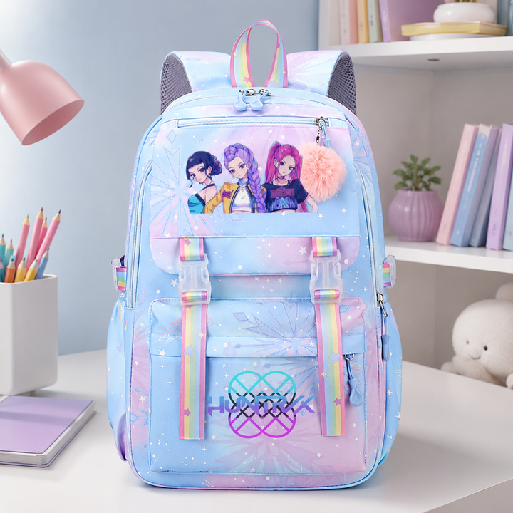 KPop Demon Hunters School Backpack for Girls with Rainbow Straps Large Capacity