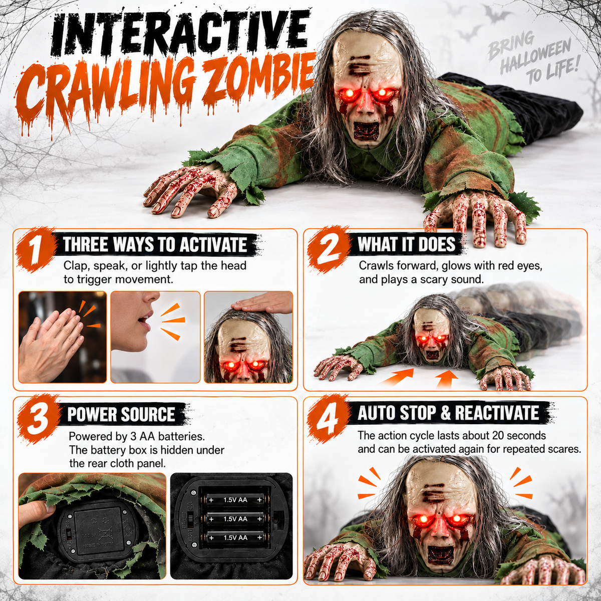 Long Haired Crawling Zombie Prop Light Up Eyes Sound Activated Halloween Decoration