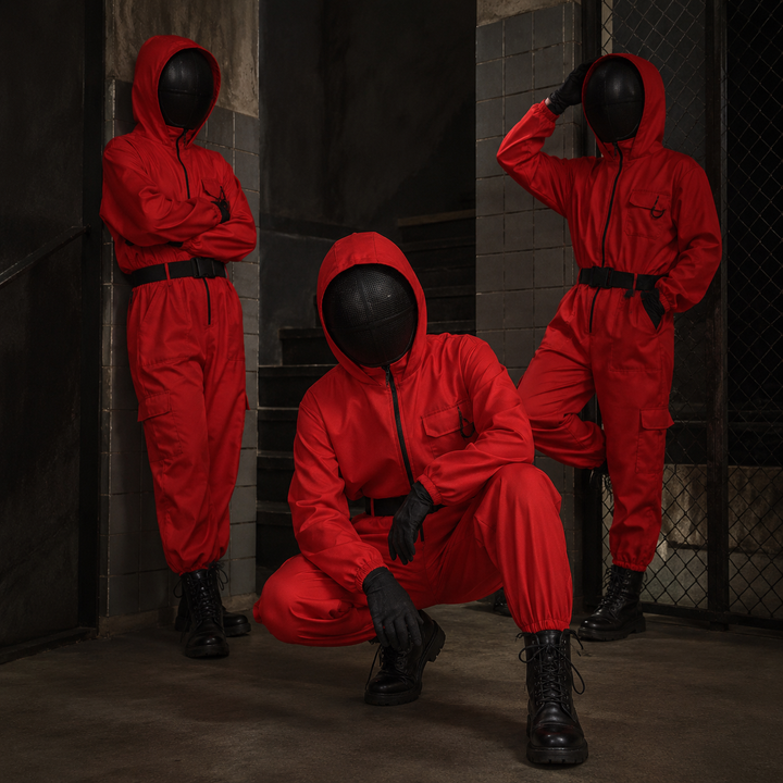 Kids Adults Bank Robber Halloween Costume Red Jumpsuit Cosplay Mask Heist Roleplay Outfit Set