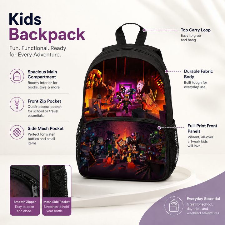 Minecraft Boys School Backpack, Pixel 3D Front Pocket Design
