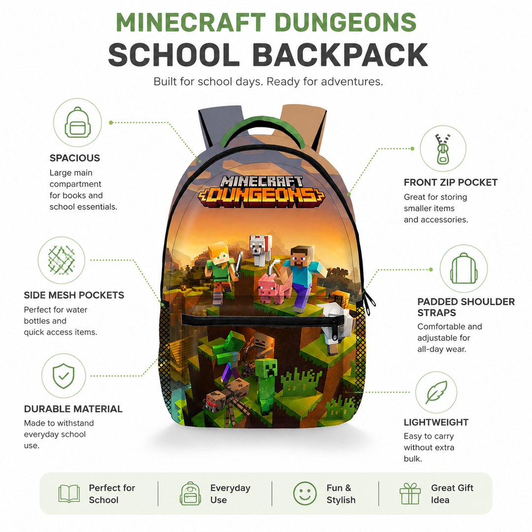 Minecraft Backpack School Bag Pixel Design Gaming Backpack