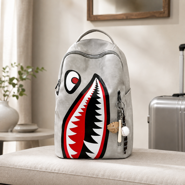 Shark Print Street Style School Backpack, Large Capacity Travel Bag