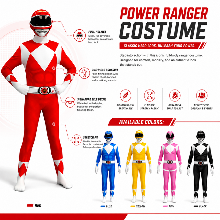 Power Rangers Bodysuit Costume with Helmet Halloween Costume