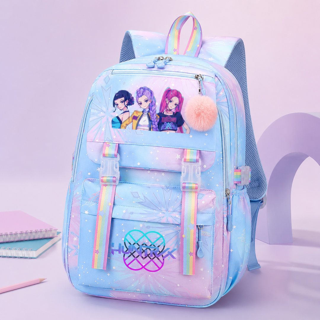 KPop Demon Hunters School Backpack for Girls with Rainbow Straps Large Capacity