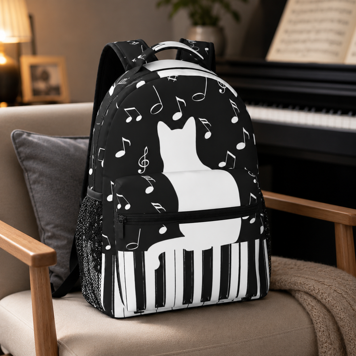 Unisex Funny Cat Piano Print School Laptop Backpack