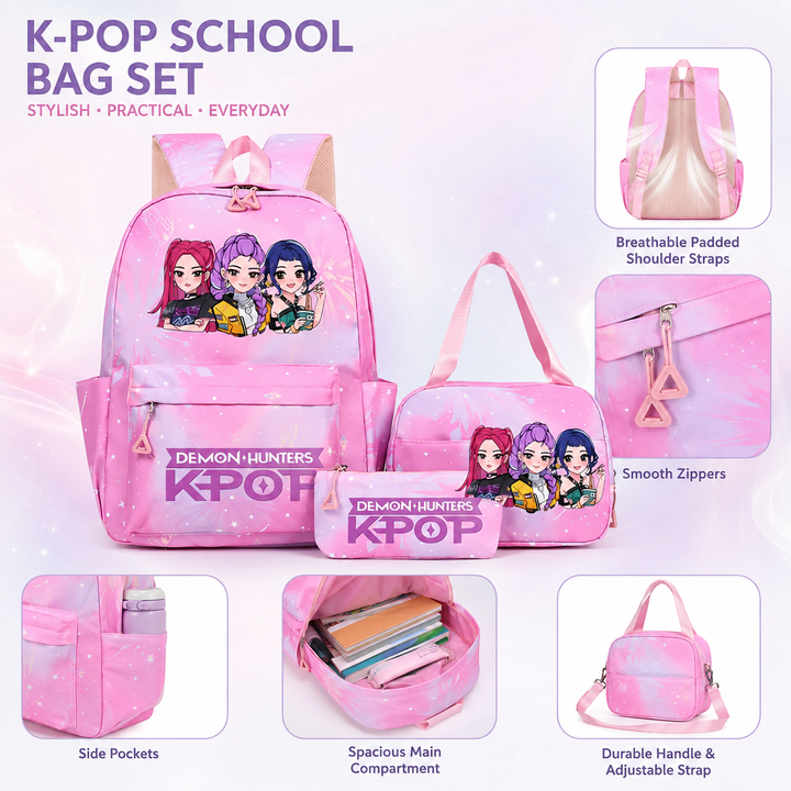 Girls KPop Demon Hunters School Backpack Set with Lunch Bag and Pencil Case