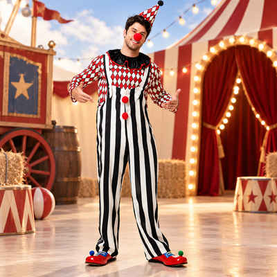 Couples Clown Costume for Men and Women Retro Circus Diamond Striped Outfit with Hat